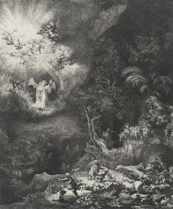 Enkeli ilmestyy paimenille, 1634 tekijältä Rembrandt van Rijn