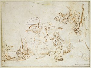 Enkeli ilmestyy Hagarille ja Ismaelille erämaassa (kynä ja ruskea muste vartalovärillä paperilla) tekijältä Rembrandt van Rijn