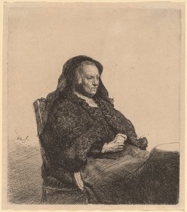 Taiteilijan äiti istuu pöydän ääressä ja näyttää oikealta tekijältä Rembrandt van Rijn