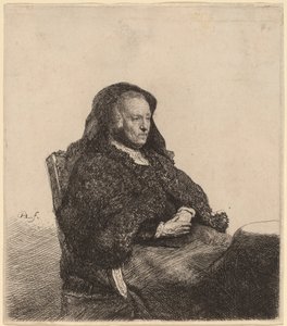 Taiteilijan äiti istuu pöydän ääressä ja näyttää oikealta tekijältä Rembrandt van Rijn