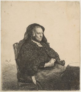 Taiteilijoiden äiti istuu pöydän ääressä oikealta katsoen: kolme neljäsosaa, n. 1631. tekijältä Rembrandt van Rijn