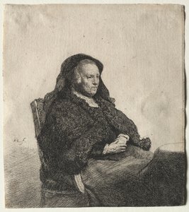 Taiteilijoiden äiti istuu pöydässä, oikealta katsoen: Three Quarter Length, n. 1631. tekijältä Rembrandt van Rijn