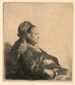 Taiteilijan äiti istuu itämaisessa päähineessä: puolipitkä tekijältä Rembrandt van Rijn