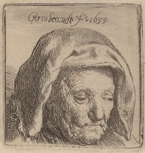 Taiteilijan äiti kangaspäähineessä, katsoen alas, 1633. tekijältä Rembrandt van Rijn