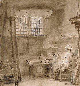 Taiteilijan studio, 1659 (kynä ja kaksi ruskean sävyä, harmaanruskea pesu, muutama korjaus valkoiseen) tekijältä Rembrandt van Rijn
