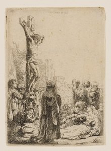 Ristiinnaulitseminen: pieni lautaskuva tekijältä Rembrandt van Rijn