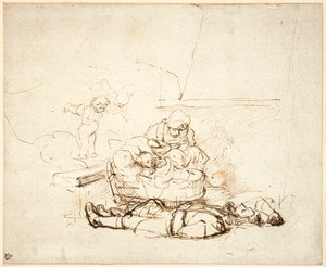 Pyhä perhe nukkumassa, enkelien kanssa, 1645 (kynä ja muste guassilla paperilla) tekijältä Rembrandt van Rijn