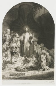 ”Sadan guldenin painokuva”: keskellä oleva kuva, jossa Kristus saarnaa, ja kaareva levy tekijältä Rembrandt van Rijn