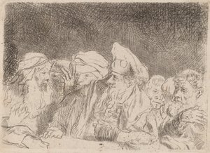 Fariseukset väittelevät katkelma sadan guldenin kirjasta, n. 1649. tekijältä Rembrandt van Rijn