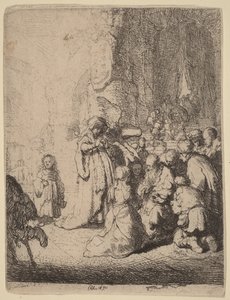Esittely temppelissä enkelin kanssa: pieni laatta tekijältä Rembrandt van Rijn