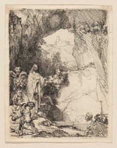 Lasaruksen herättäminen: Pieni lautanen tekijältä Rembrandt van Rijn