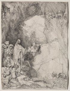 Lasaruksen herättäminen: Pieni lautanen tekijältä Rembrandt van Rijn
