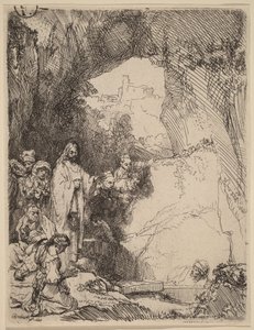 Lazaruksen herättäminen: pieni lautaskuva tekijältä Rembrandt van Rijn