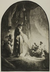 Lasaruksen herättäminen: Isompi lautanen tekijältä Rembrandt van Rijn