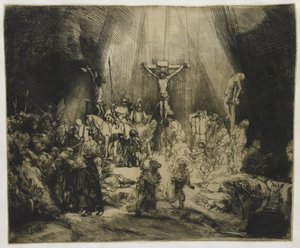 Kolme ristiä Kristus ristiinnaulittu kahden varkaan väliin: "Kolme ristiä" tekijältä Rembrandt van Rijn