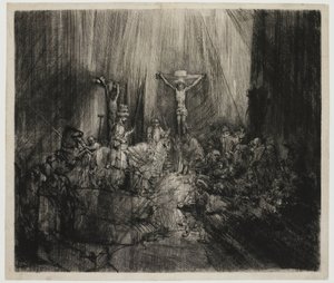 Kolme ristiä Kristus ristiinnaulittu kahden varkaan väliin: "Kolme ristiä" tekijältä Rembrandt van Rijn