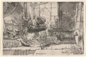 Neitsyt ja lapsi kissan ja käärmeen kanssa tekijältä Rembrandt van Rijn