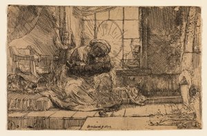Neitsyt ja lapsi kissan ja käärmeen kanssa tekijältä Rembrandt van Rijn