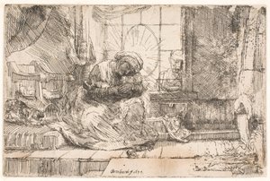 Neitsyt ja Lapsi kissan kanssa: ja Joosef ikkunassa tekijältä Rembrandt van Rijn