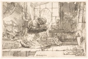 Neitsyt ja Lapsi kissan kanssa: ja Joosef ikkunassa tekijältä Rembrandt van Rijn
