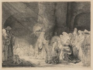 Esitys temppelissä: pitkulainen printti tekijältä Rembrandt van Rijn