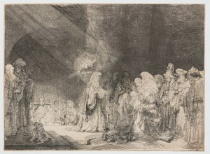 Esitys temppelissä: pitkulainen printti tekijältä Rembrandt van Rijn