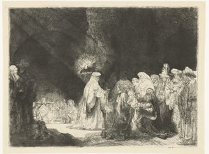 Esitys temppelissä: pitkulainen printti tekijältä Rembrandt van Rijn