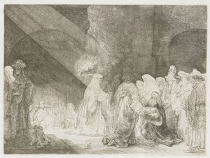 Esittely temppelissä: pitkänomainen painokuva tekijältä Rembrandt van Rijn
