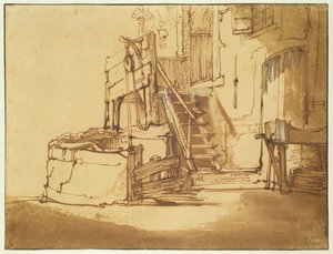 Kaivo maalaistalon edessä (kynä ja ruskea muste ja ruskea pesu paperille) tekijältä Rembrandt van Rijn