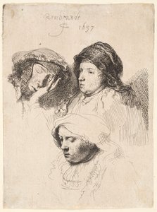 Kolme naisten päätä, yksi unessa tekijältä Rembrandt van Rijn