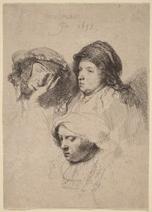 Kolme naisen päätä, joista yksi nukkuu tekijältä Rembrandt van Rijn