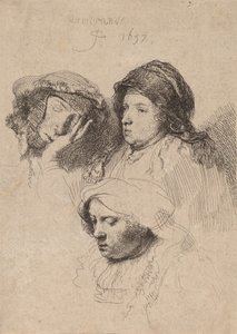 Kolme naisten päätä, yksi unessa, 1637. tekijältä Rembrandt van Rijn