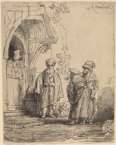 Kolme itämaista hahmoa (Jaakob ja Laban?) tekijältä Rembrandt van Rijn