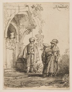 Kolme itämaista hahmoa (Jaakob ja Laban?) tekijältä Rembrandt van Rijn