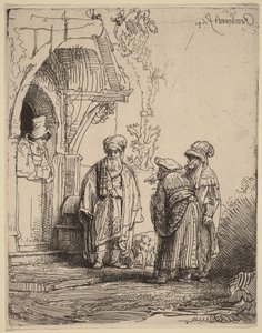 Kolme itämaista hahmoa (Jaakob ja Laban) tekijältä Rembrandt van Rijn