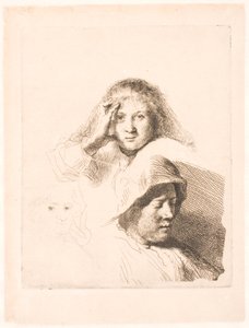 Kolme naisen päätä, yksi kevyesti kaiverrettu tekijältä Rembrandt van Rijn