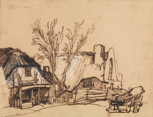 Kaksi mökkiä, n. 1636. tekijältä Rembrandt van Rijn