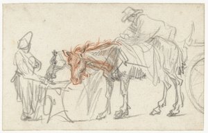 Kaksi hevosta levähdyspaikalla tekijältä Rembrandt van Rijn