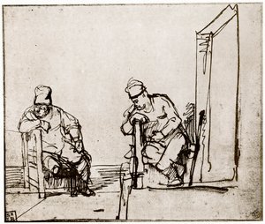 Kaksi miestä istumassa ovella, 1913. tekijältä Rembrandt van Rijn
