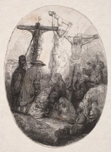 Ristiinnaulitseminen kahden roiston välissä (soikea laatta) tekijältä Rembrandt van Rijn