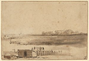 Näkymä Houtewaelista lähellä Sint Anthoniespoortia [recto] tekijältä Rembrandt van Rijn