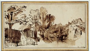 Näkymä Singelin kanavalle Amersfoortissa. Harmensz Rembrandtin (1606-1669) piirustus tekijältä Rembrandt van Rijn