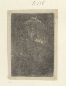 Nainen ovella puhumassa miehen kanssa, jolla on lapsia Recueil de quatre-vingt-cinq estampes originales (sarjan nimi) tekijältä Rembrandt van Rijn