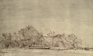 Talvimaisema mökeillä puiden keskellä, n. 1650 (ruokokynä ja ruskea muste) tekijältä Rembrandt van Rijn