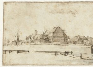 Talvinäkymä vesiväylällä, mökeillä ja kahdella veneellä tekijältä Rembrandt van Rijn