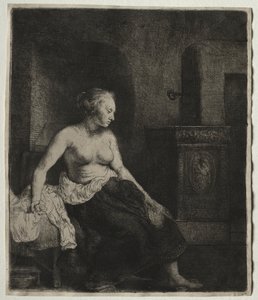 Nainen istuu puolipukeutuneena lieden vieressä tekijältä Rembrandt van Rijn