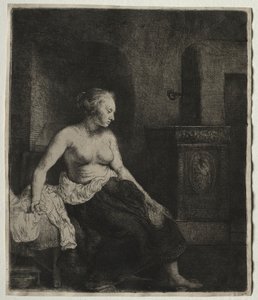 Nainen istumassa puolipukeutuneena lieden vieressä, 1658. tekijältä Rembrandt van Rijn