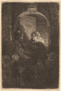 Nainen oviluukussa puhumassa miehelle ja lapsille (koulumestari) tekijältä Rembrandt van Rijn