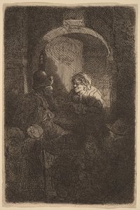 Nainen oviaukossa keskustelemassa miehen ja lasten kanssa (Koulumestari) tekijältä Rembrandt van Rijn