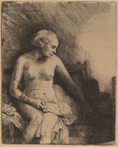 Nainen kylpylässä hattu vieressään tekijältä Rembrandt van Rijn